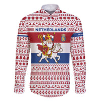 Netherlands Christmas Family Matching Off The Shoulder Long Sleeve Dress and Hawaiian Shirt with Sinterklaas Horse Dutch Flag and Festive Knit Pattern - Wonder Print Shop