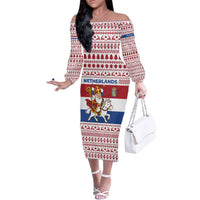 Netherlands Christmas Family Matching Off The Shoulder Long Sleeve Dress and Hawaiian Shirt with Sinterklaas Horse Dutch Flag and Festive Knit Pattern - Wonder Print Shop