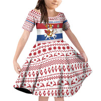 Netherlands Christmas Family Matching Off Shoulder Short Dress and Hawaiian Shirt with Sinterklaas Horse Dutch Flag and Festive Knit Pattern - Wonder Print Shop