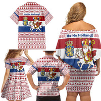 Netherlands Christmas Family Matching Off Shoulder Short Dress and Hawaiian Shirt with Sinterklaas Horse Dutch Flag and Festive Knit Pattern - Wonder Print Shop