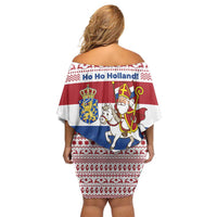 Netherlands Christmas Family Matching Off Shoulder Short Dress and Hawaiian Shirt with Sinterklaas Horse Dutch Flag and Festive Knit Pattern - Wonder Print Shop