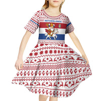 Netherlands Christmas Kid Short Sleeve Dress with Sinterklaas Horse Dutch Flag and Festive Knit Pattern - Wonder Print Shop