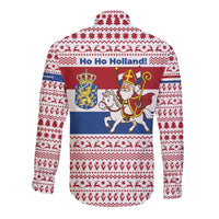 Netherlands Christmas Long Sleeve Button Shirt with Sinterklaas Horse Dutch Flag and Festive Knit Pattern - Wonder Print Shop