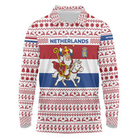 Netherlands Christmas Long Sleeve Polo Shirt with Sinterklaas Horse Dutch Flag and Festive Knit Pattern - Wonder Print Shop