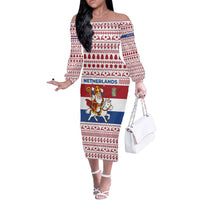 Netherlands Christmas Off The Shoulder Long Sleeve Dress with Sinterklaas Horse Dutch Flag and Festive Knit Pattern - Wonder Print Shop