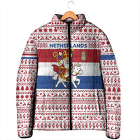 Netherlands Christmas Padded Jacket with Sinterklaas Horse Dutch Flag and Festive Knit Pattern - Wonder Print Shop