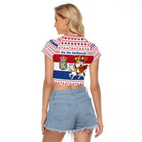 Netherlands Christmas Raglan Cropped T Shirt with Sinterklaas Horse Dutch Flag and Festive Knit Pattern - Wonder Print Shop