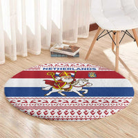 Netherlands Christmas Round Carpet with Sinterklaas Horse Dutch Flag and Festive Knit Pattern - Wonder Print Shop