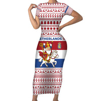 Netherlands Christmas Short Sleeve Bodycon Dress with Sinterklaas Horse Dutch Flag and Festive Knit Pattern - Wonder Print Shop