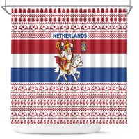 Netherlands Christmas Shower Curtain with Sinterklaas Horse Dutch Flag and Festive Knit Pattern - Wonder Print Shop