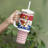 Netherlands Christmas Tumbler With Handle with Sinterklaas Horse Dutch Flag and Festive Knit Pattern - Wonder Print Shop