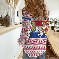 Netherlands Christmas Women Casual Shirt with Sinterklaas Horse Dutch Flag and Festive Knit Pattern - Wonder Print Shop