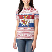 Netherlands Christmas Women Polo Shirt with Sinterklaas Horse Dutch Flag and Festive Knit Pattern - Wonder Print Shop