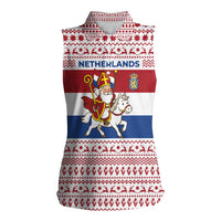 Netherlands Christmas Women Sleeveless Polo Shirt with Sinterklaas Horse Dutch Flag and Festive Knit Pattern - Wonder Print Shop