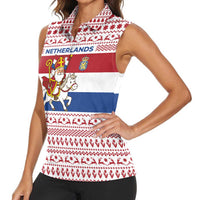 Netherlands Christmas Women Sleeveless Polo Shirt with Sinterklaas Horse Dutch Flag and Festive Knit Pattern - Wonder Print Shop