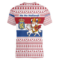 Netherlands Christmas Women V-Neck T-Shirt with Sinterklaas Horse Dutch Flag and Festive Knit Pattern - Wonder Print Shop