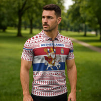 Netherlands Christmas Zipper Polo Shirt with Sinterklaas Horse Dutch Flag and Festive Knit Pattern - Wonder Print Shop
