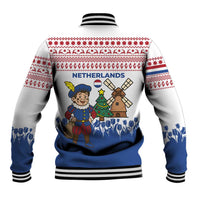 Netherlands Christmas Baseball Jacket with Christmas Tree Windmill Piet Character and Tulip Pattern - Wonder Print Shop
