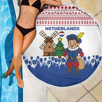 Netherlands Christmas Beach Blanket with Christmas Tree Windmill Piet Character and Tulip Pattern - Wonder Print Shop