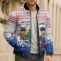 Netherlands Christmas Bomber Puffer Jacket with Christmas Tree Windmill Piet Character and Tulip Pattern - Wonder Print Shop