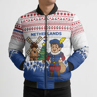 Netherlands Christmas Bomber Puffer Jacket with Christmas Tree Windmill Piet Character and Tulip Pattern - Wonder Print Shop