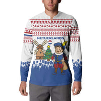 Netherlands Christmas Button Sweatshirt with Christmas Tree Windmill Piet Character and Tulip Pattern - Wonder Print Shop