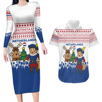 Netherlands Christmas Couples Matching Long Sleeve Bodycon Dress and Hawaiian Shirt with Christmas Tree Windmill Piet Character and Tulip Pattern - Wonder Print Shop