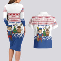 Netherlands Christmas Couples Matching Long Sleeve Bodycon Dress and Hawaiian Shirt with Christmas Tree Windmill Piet Character and Tulip Pattern - Wonder Print Shop