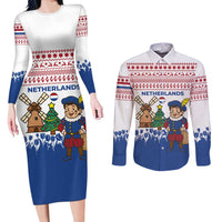 Netherlands Christmas Couples Matching Long Sleeve Bodycon Dress and Long Sleeve Button Shirt with Christmas Tree Windmill Piet Character and Tulip Pattern - Wonder Print Shop