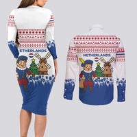 Netherlands Christmas Couples Matching Long Sleeve Bodycon Dress and Long Sleeve Button Shirt with Christmas Tree Windmill Piet Character and Tulip Pattern - Wonder Print Shop