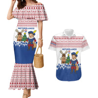 Netherlands Christmas Couples Matching Mermaid Dress and Hawaiian Shirt with Christmas Tree Windmill Piet Character and Tulip Pattern - Wonder Print Shop