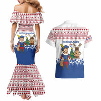 Netherlands Christmas Couples Matching Mermaid Dress and Hawaiian Shirt with Christmas Tree Windmill Piet Character and Tulip Pattern - Wonder Print Shop