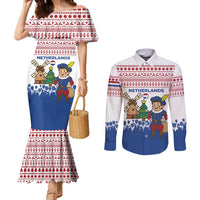 Netherlands Christmas Couples Matching Mermaid Dress and Long Sleeve Button Shirt with Christmas Tree Windmill Piet Character and Tulip Pattern - Wonder Print Shop