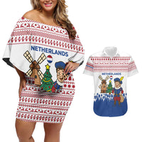 Netherlands Christmas Couples Matching Off Shoulder Short Dress and Hawaiian Shirt with Christmas Tree Windmill Piet Character and Tulip Pattern - Wonder Print Shop