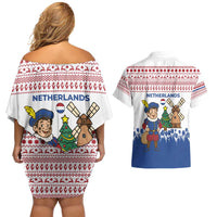 Netherlands Christmas Couples Matching Off Shoulder Short Dress and Hawaiian Shirt with Christmas Tree Windmill Piet Character and Tulip Pattern - Wonder Print Shop