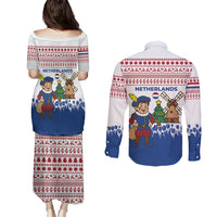 Netherlands Christmas Couples Matching Puletasi and Long Sleeve Button Shirt with Christmas Tree Windmill Piet Character and Tulip Pattern - Wonder Print Shop