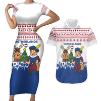 Netherlands Christmas Couples Matching Short Sleeve Bodycon Dress and Hawaiian Shirt with Christmas Tree Windmill Piet Character and Tulip Pattern - Wonder Print Shop