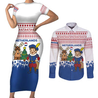 Netherlands Christmas Couples Matching Short Sleeve Bodycon Dress and Long Sleeve Button Shirt with Christmas Tree Windmill Piet Character and Tulip Pattern - Wonder Print Shop