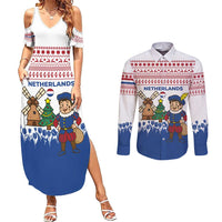 Netherlands Christmas Couples Matching Summer Maxi Dress and Long Sleeve Button Shirt with Christmas Tree Windmill Piet Character and Tulip Pattern - Wonder Print Shop