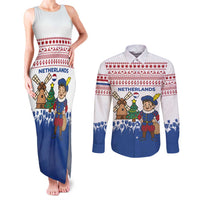 Netherlands Christmas Couples Matching Tank Maxi Dress and Long Sleeve Button Shirt with Christmas Tree Windmill Piet Character and Tulip Pattern - Wonder Print Shop