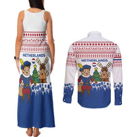 Netherlands Christmas Couples Matching Tank Maxi Dress and Long Sleeve Button Shirt with Christmas Tree Windmill Piet Character and Tulip Pattern - Wonder Print Shop