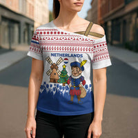 Netherlands Christmas Cross Shoulder Shirt with Christmas Tree Windmill Piet Character and Tulip Pattern - Wonder Print Shop