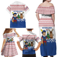Netherlands Christmas Family Matching Off Shoulder Maxi Dress and Hawaiian Shirt with Christmas Tree Windmill Piet Character and Tulip Pattern - Wonder Print Shop