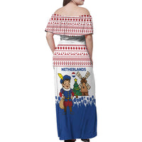 Netherlands Christmas Family Matching Off Shoulder Maxi Dress and Hawaiian Shirt with Christmas Tree Windmill Piet Character and Tulip Pattern - Wonder Print Shop