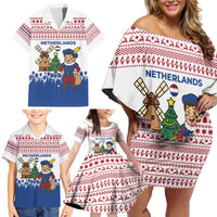 Netherlands Christmas Family Matching Off Shoulder Short Dress and Hawaiian Shirt with Christmas Tree Windmill Piet Character and Tulip Pattern - Wonder Print Shop