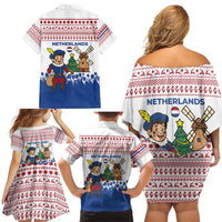 Netherlands Christmas Family Matching Off Shoulder Short Dress and Hawaiian Shirt with Christmas Tree Windmill Piet Character and Tulip Pattern - Wonder Print Shop