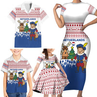 Netherlands Christmas Family Matching Short Sleeve Bodycon Dress and Hawaiian Shirt with Christmas Tree Windmill Piet Character and Tulip Pattern - Wonder Print Shop