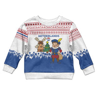 Netherlands Christmas Kid Ugly Christmas Sweater with Christmas Tree Windmill Piet Character and Tulip Pattern - Wonder Print Shop