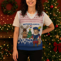 Netherlands Christmas Knitted V-Neck Vest with Christmas Tree Windmill Piet Character and Tulip Pattern - Wonder Print Shop