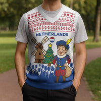Netherlands Christmas Knitted V-Neck Vest with Christmas Tree Windmill Piet Character and Tulip Pattern - Wonder Print Shop